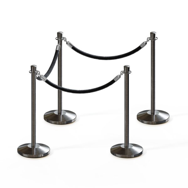 Montour Line Stanchion Post and Rope Kit Sat.Steel, 4 Crown Top 3 Black Rope C-Kit-4-SS-CN-3-PVR-BK-PS